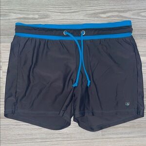 Women’s Swim Shorts Small Turquoise Waistband Gray Lined Stretch Swim Bottoms